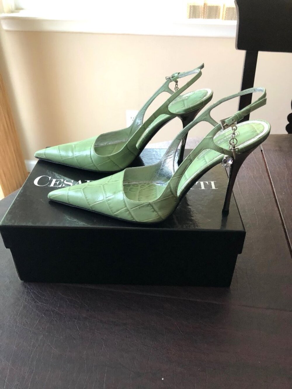 Rare Cesare Paciotti Crystal Dagger Silver Mirror Heels 39 US 9 Boxed